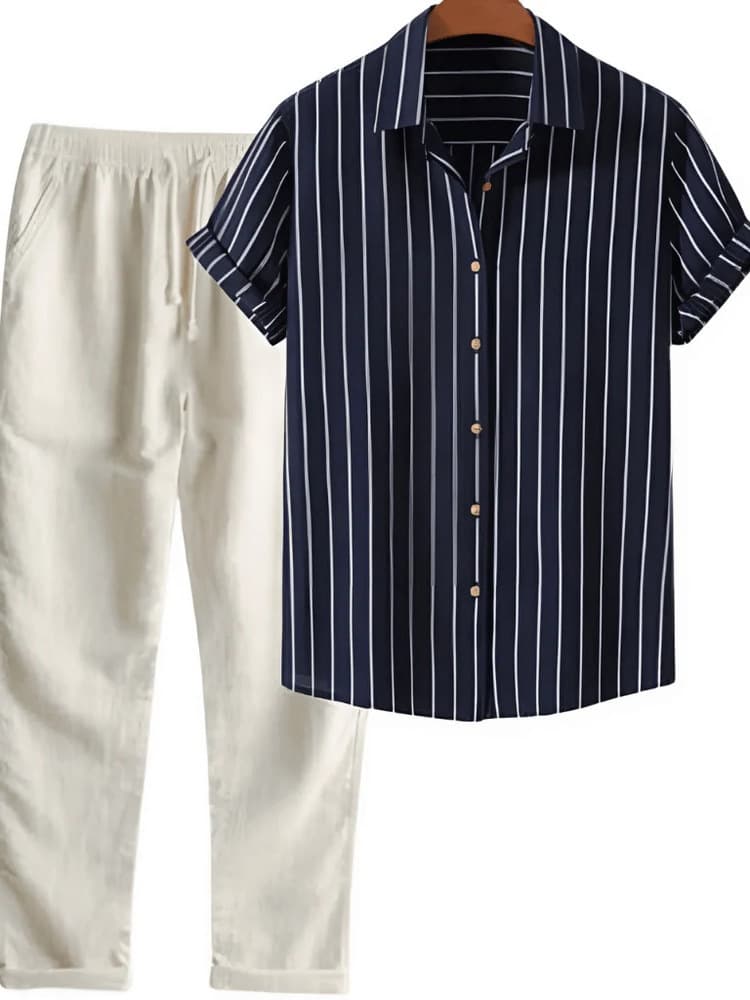 Mens Short-Sleeve Shirt And Long Pants SpringSummer Casual Suit