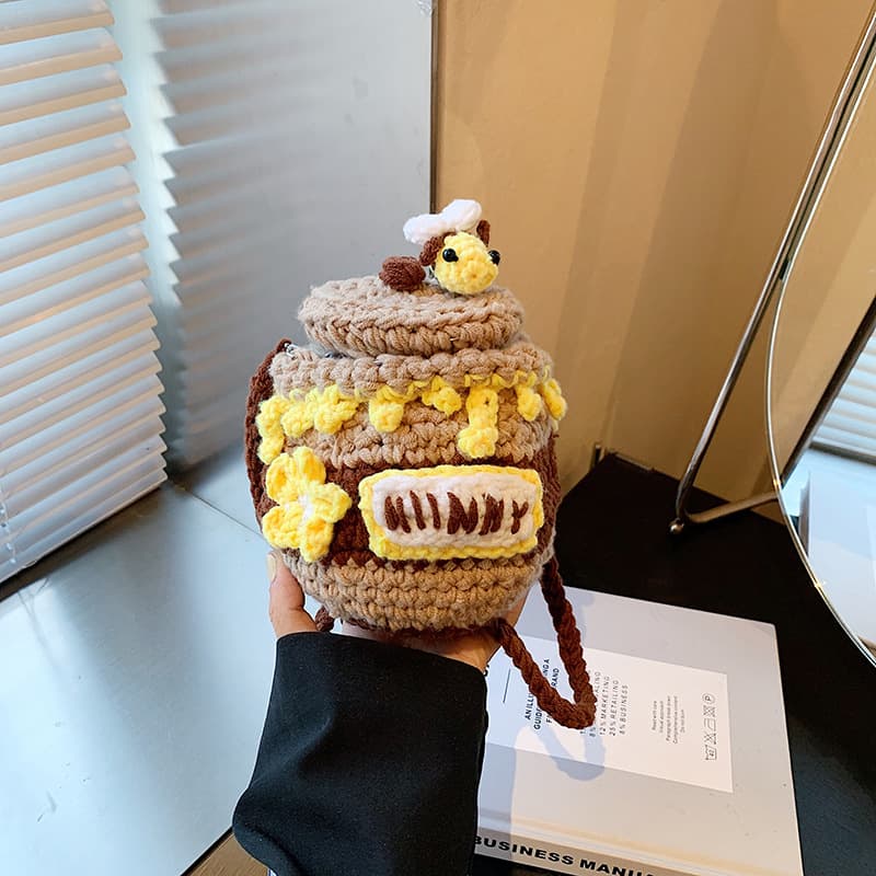 Knitted InternetFamous Yarn Bag Cute Bee And Honey Jar Crossbody Bag