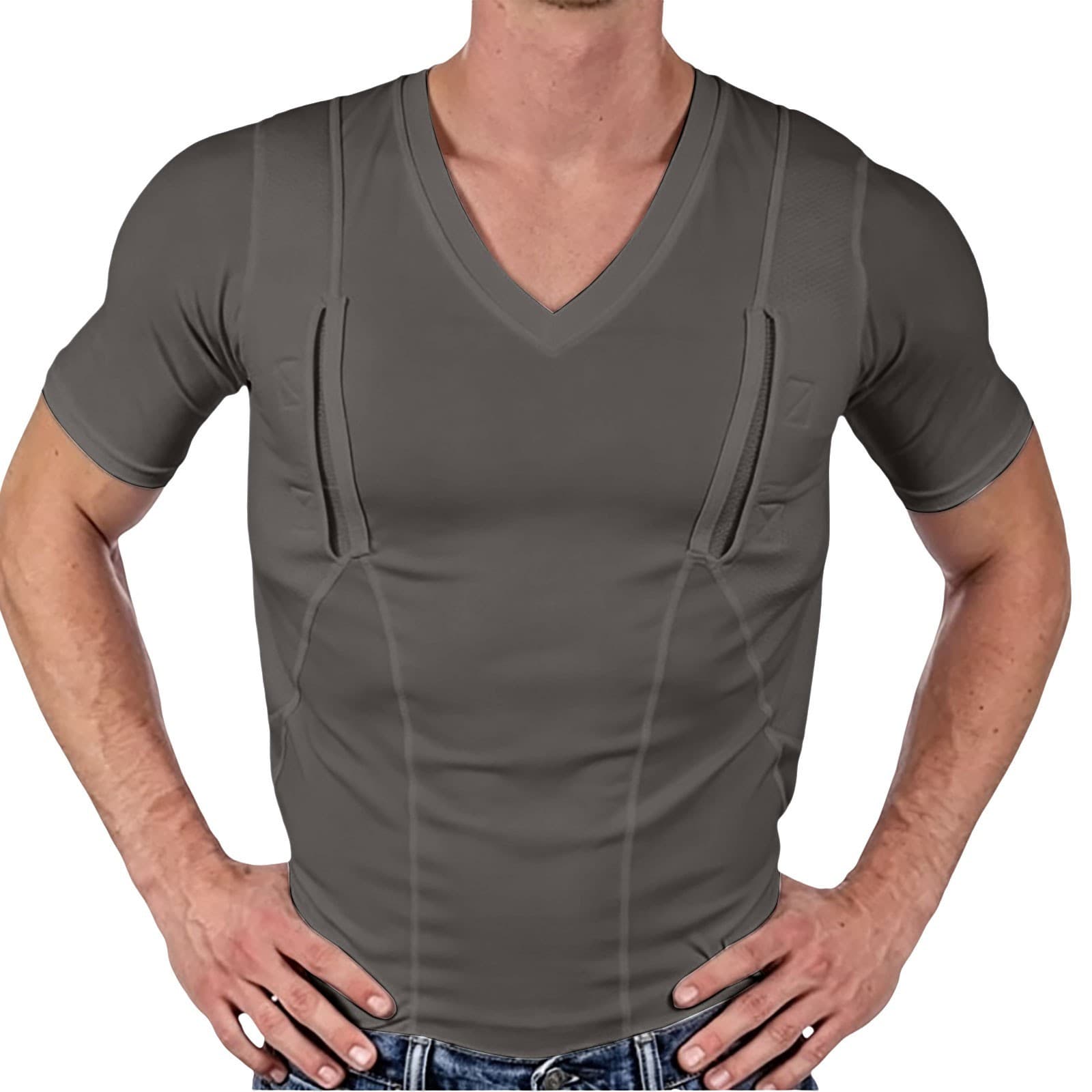 Men's Short-sleeve Concealed-carry Holster High Elastic V Neck Tactical Top