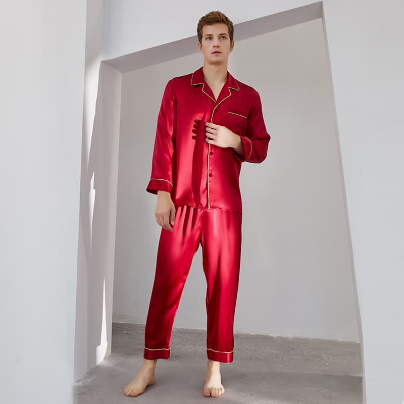 Luxury Silk Pajamas For Menlong-sleeved Top And Long Pants Set