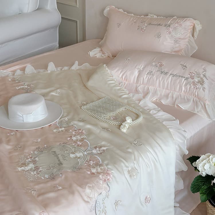 Girls' Summer Tencel Romantic Floral Embroidered Lace Summer Cooling Quilt