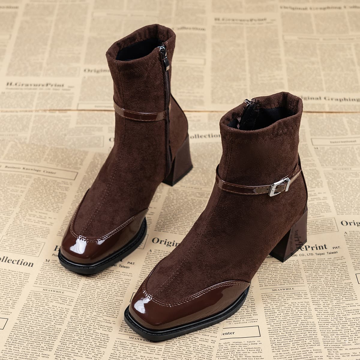 Retro French-style Square-toe Leather Suede Ankle Boots