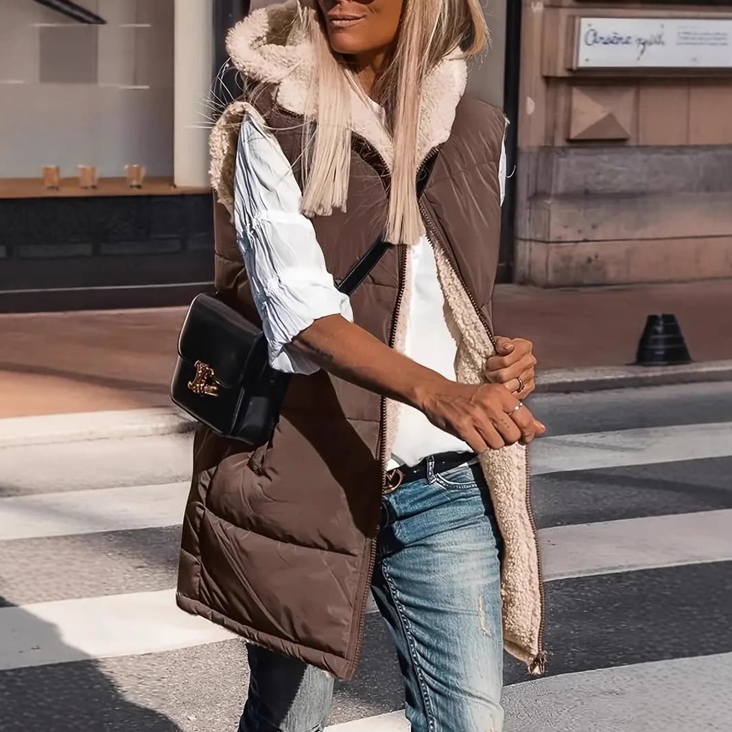 Women's Solid-Color Hooded Reversible Cotton Vest Coat