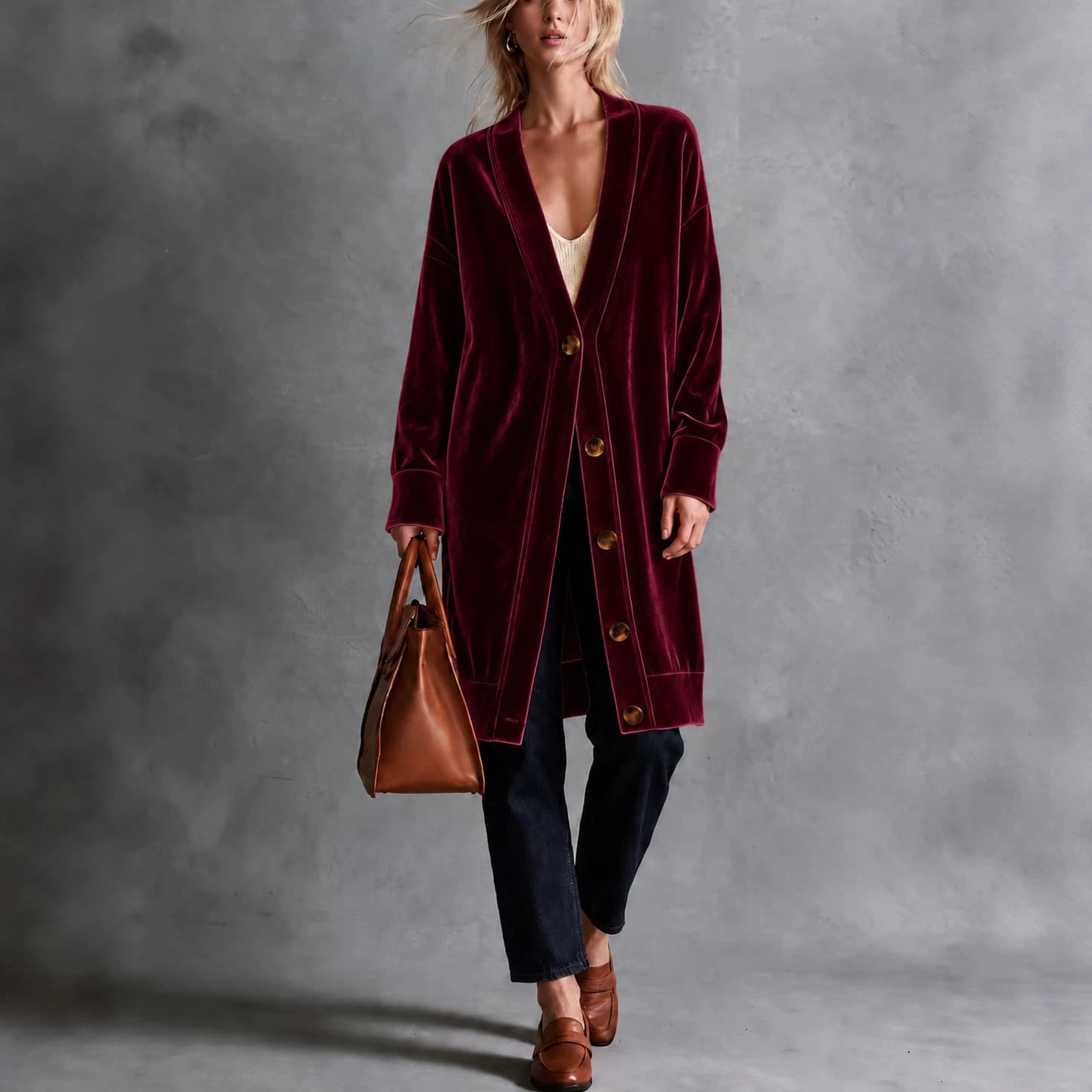 Fashionable And Elegant Velvet Cardigan With Buttons And Long Sleeves