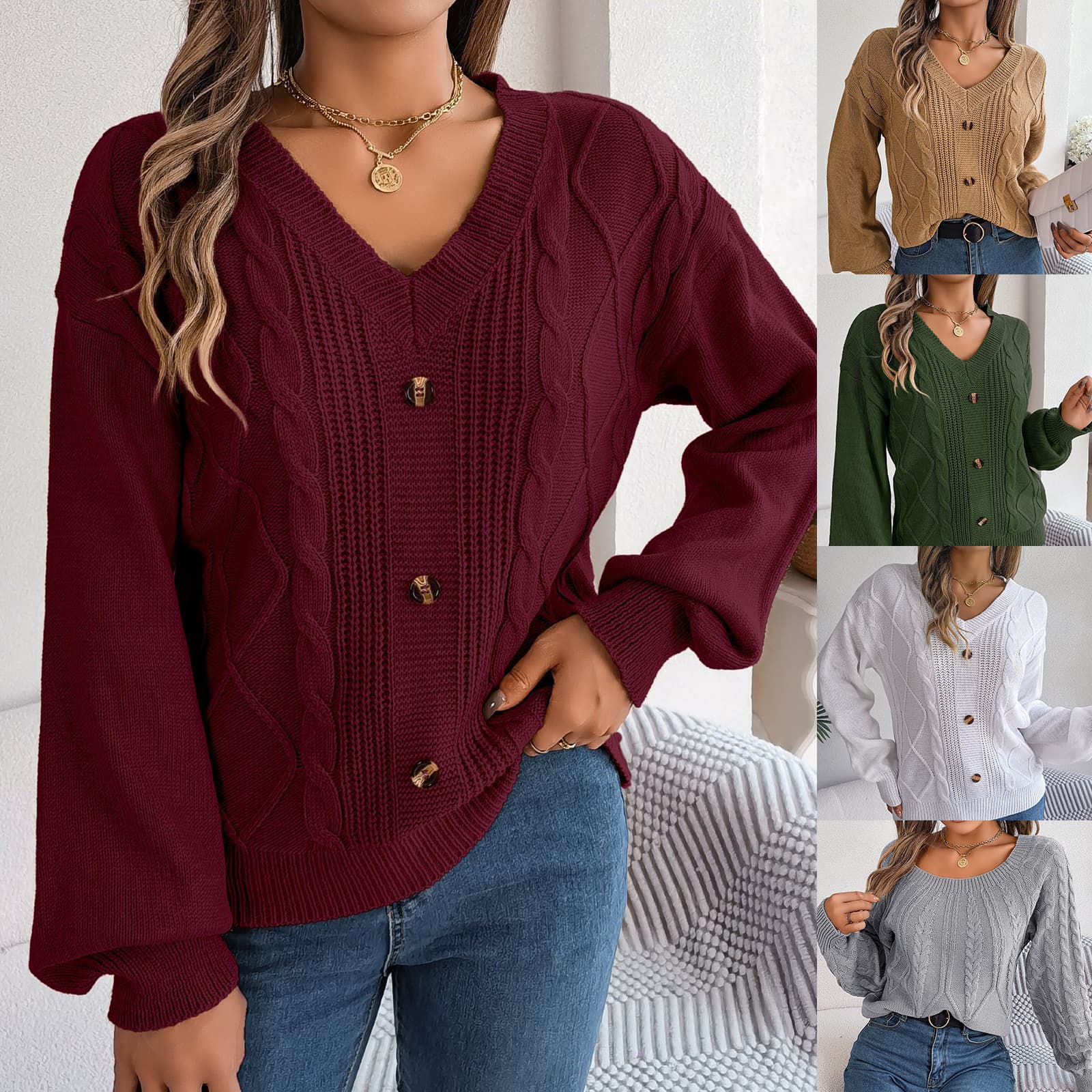 Solid-color V-neck Buttoned Cable-knit Puff-sleeve Pullover Sweater