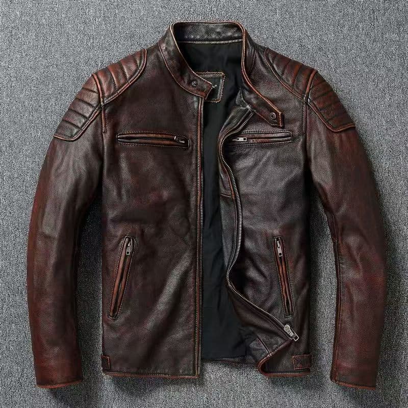 Men's Standing Collar Lapel Motorcycle Suit Mid Leather Jacket