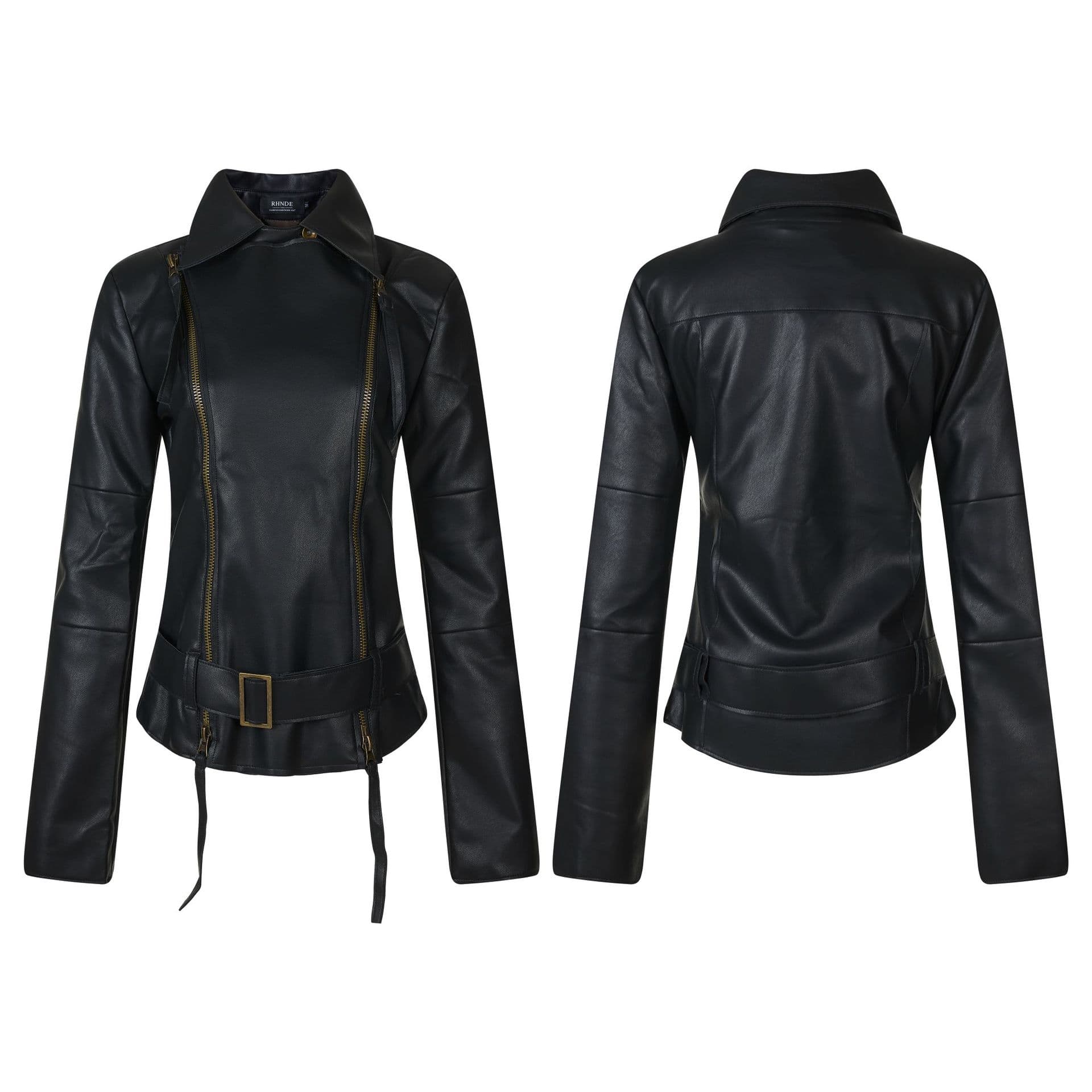 Womens American-style Dark-chic Leather Biker Jacket With A Stand-up Collar And Belt