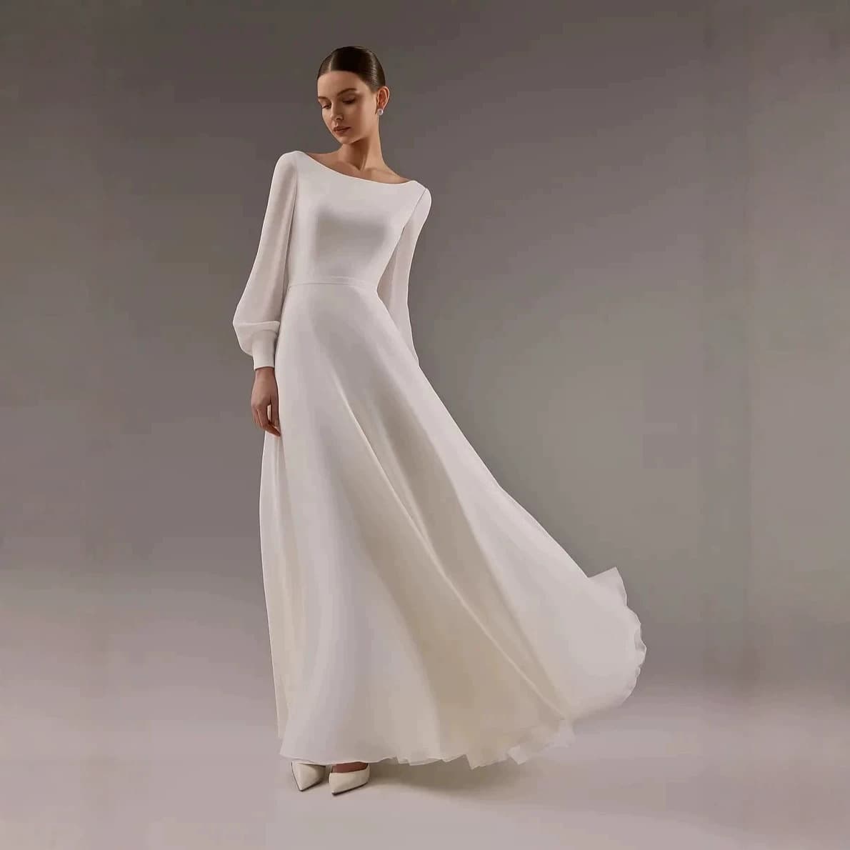 White Off-shoulder Long-sleeve Lightweight Wedding Dress For Women
