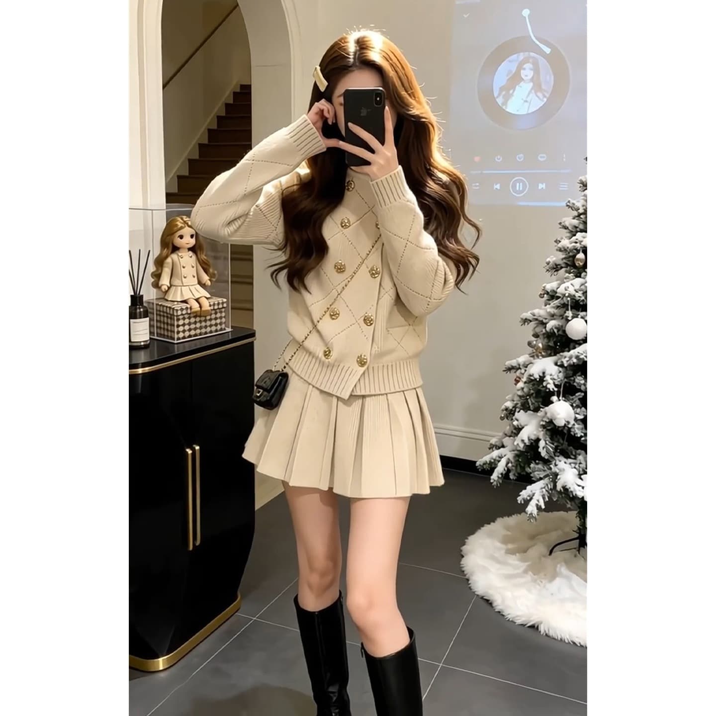 Womens Autumnwinter Small-plaid Chic-style Set