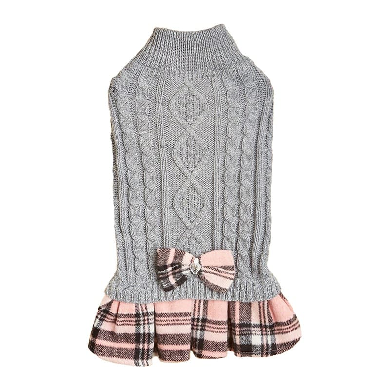 New Pet Clothes White And Gray Knitted Sweater With Bow, Plaid Wool Skirt