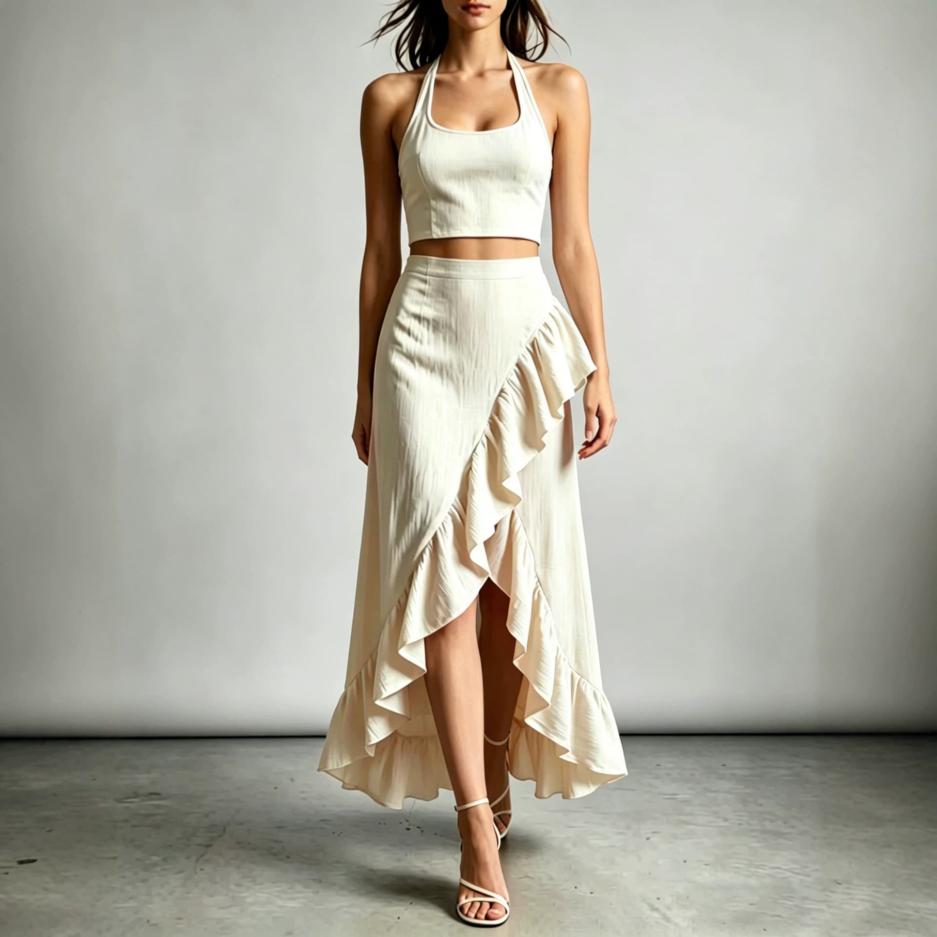 Womens Cropped Top With A High-waisted Ruffled Skirt