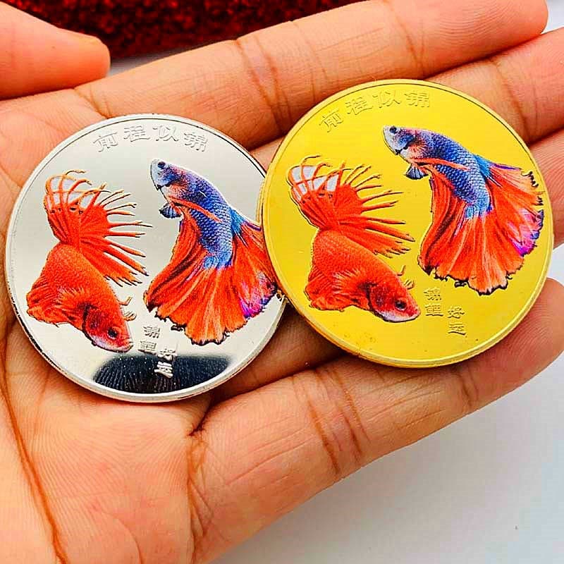 Colorful Koi Fish Gold Plated Commemorative Coin - Lucky Fortune Metal Token Collectible Craft Souvenir