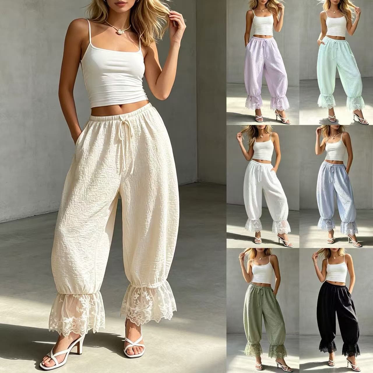 Mid-rise Drawstring Lace-trimmed Bloomers Loose-fitting Bohemian-style Multi-color Ankle-length Pants With Elastic Cuffs
