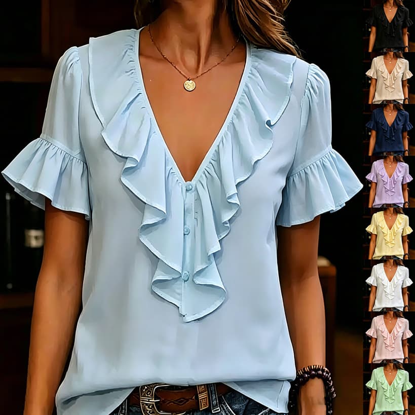 Womens Short-Sleeved T-Shirt With Ruffled Hem And V-Neck
