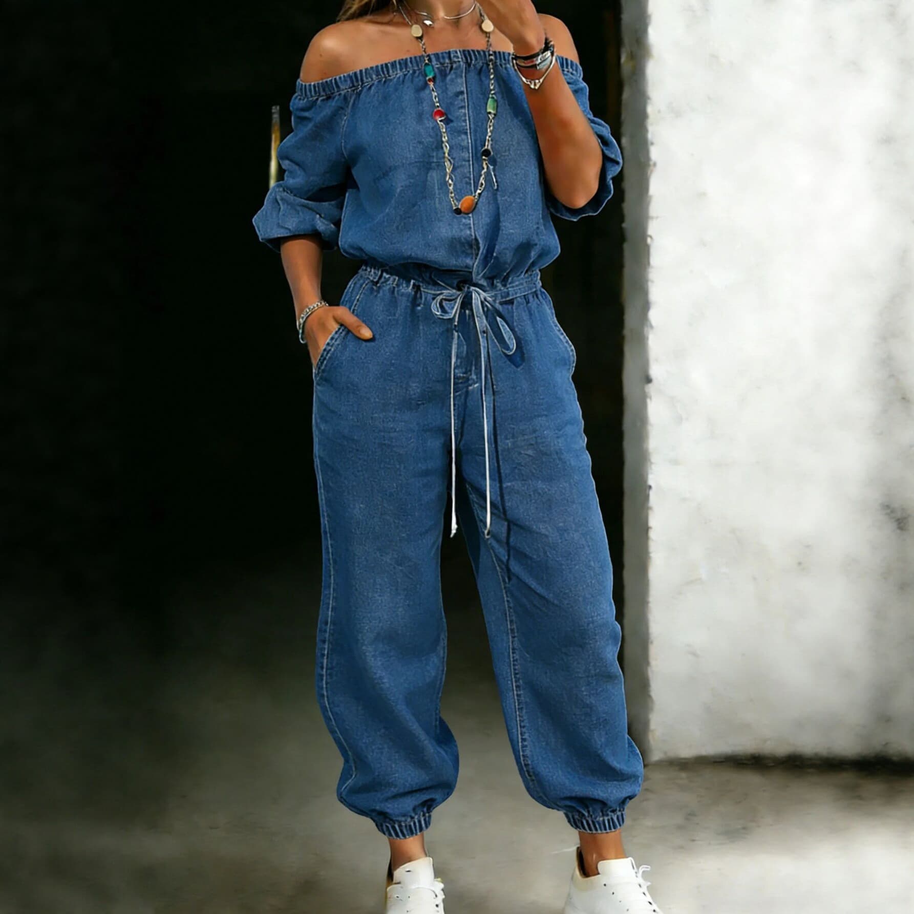 Denim Jumpsuit For Women Off Shoulder Ankle Tie Pants