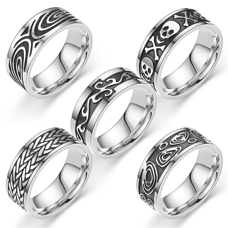 Trendy Vintage Titanium Steel Mens Ring With Geometric Engraving, Stylish And Unique