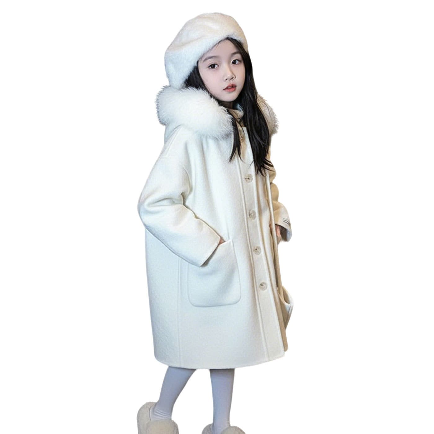 Girls' Mid-length Wool Coat With A Fleece-lined Collar