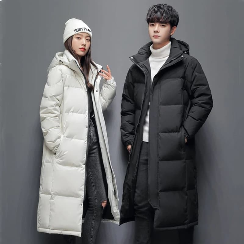 Mens Long Winter White Duck Down Hooded Coat That Goes Below The Knee