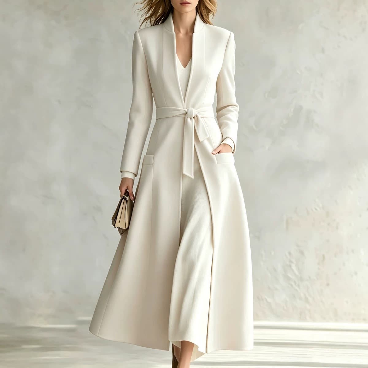 Women's New Solid Color Polo Collar Lace-up Overcoat