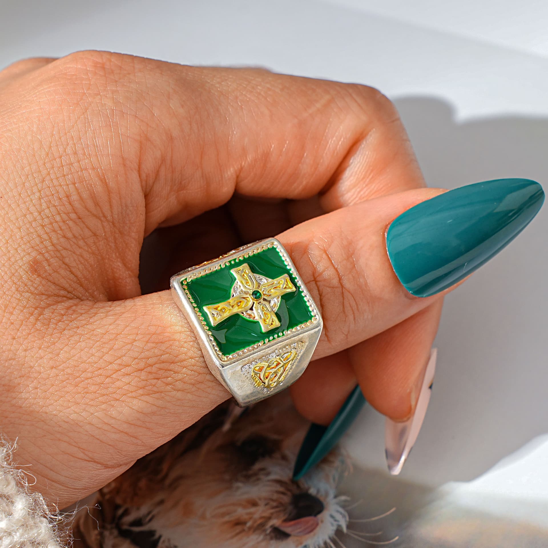 Vintage Green Emerald Cross Ring for Men - Retro Religious Blessing Statement Jewelry Gift
