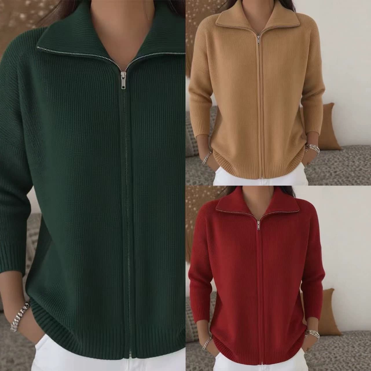 Zip-up Knitted Polo-neck Sweater Cardigan Coat