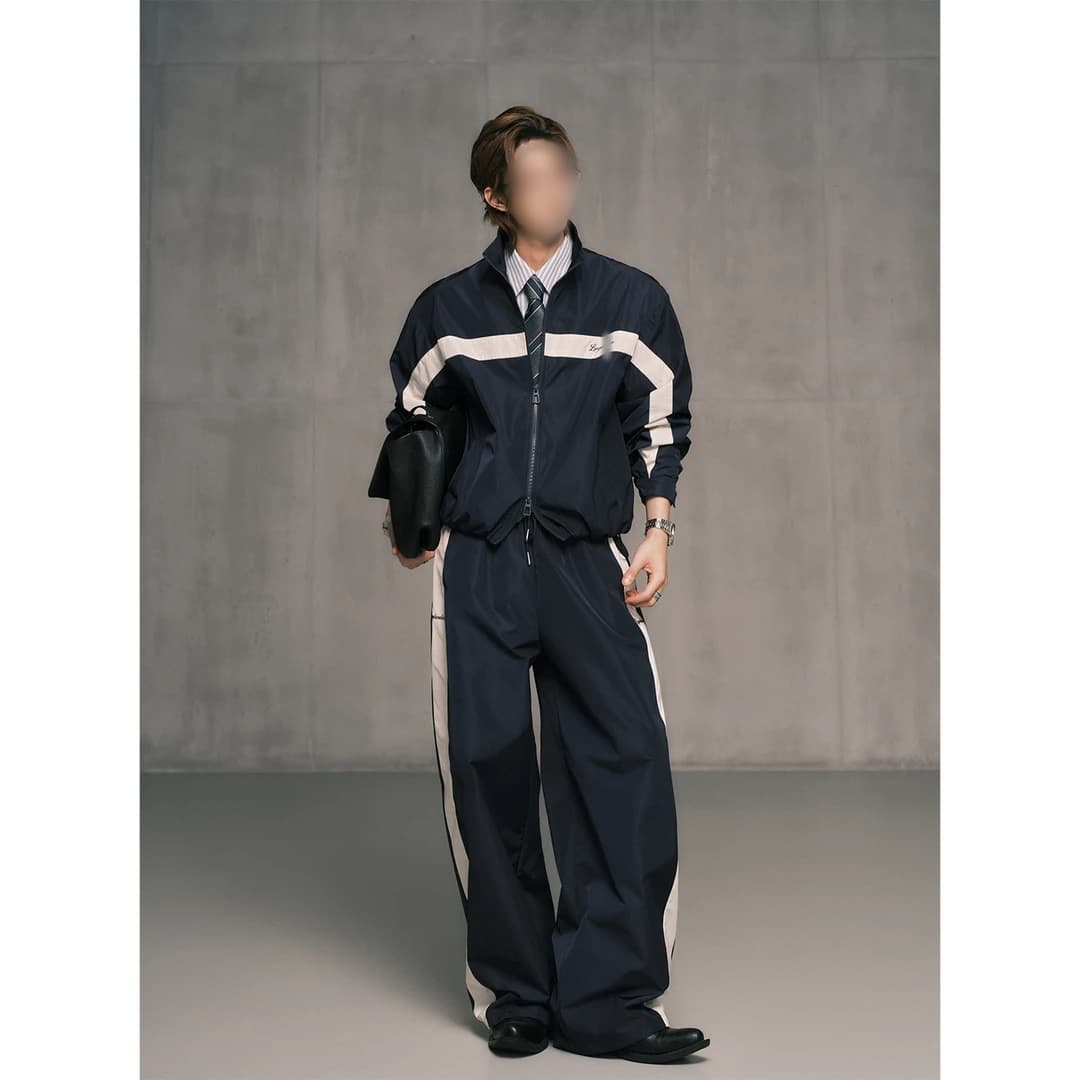 Color-block Jacket And Loose-fitting Trousers Fashion Set Trendy