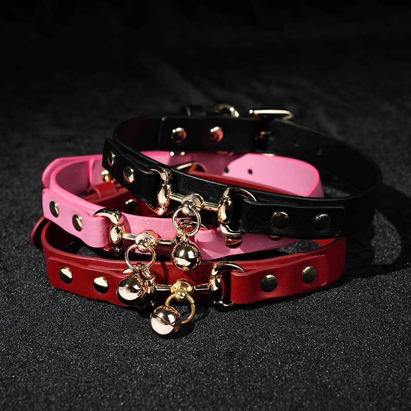 PU Leather Choker Collar With Bell And Leash Adjustable BDSM Neck Strap For Adult Role Play Accessories