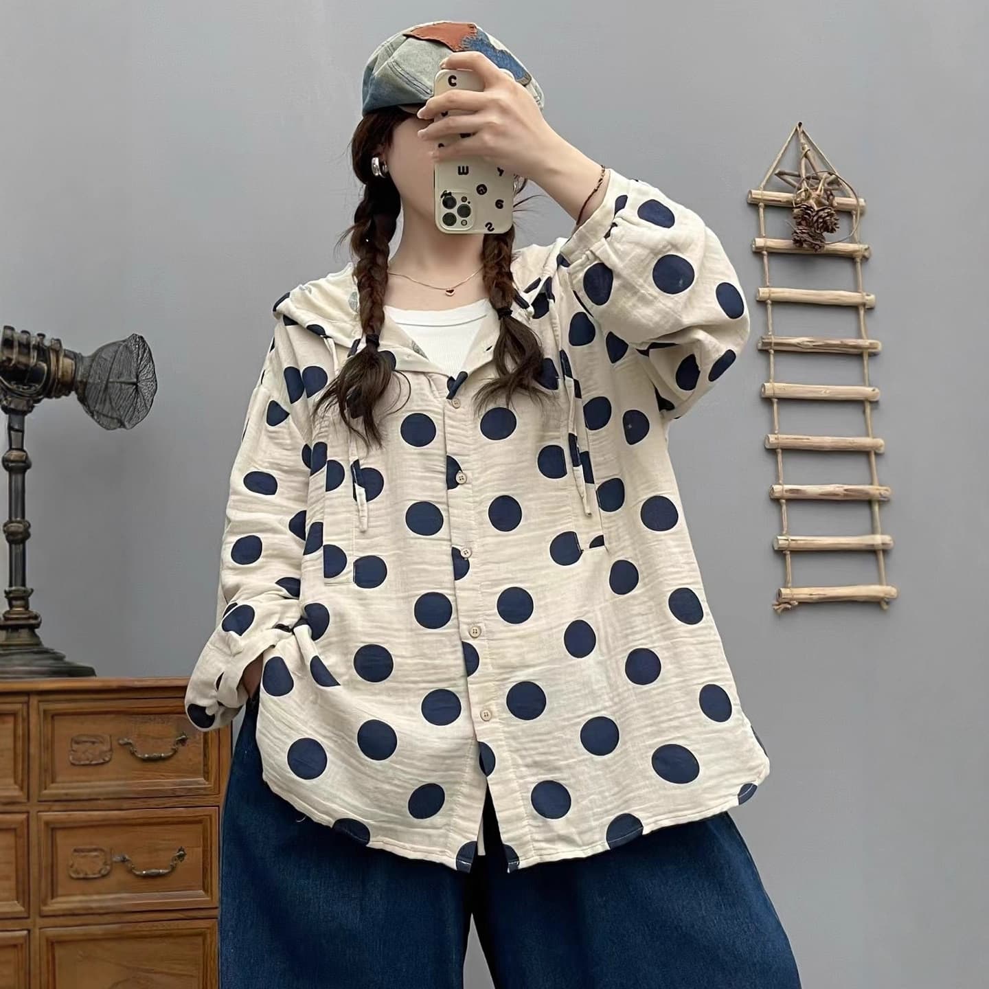 Womens Cardigan Hoodie With Polka-Dot Print