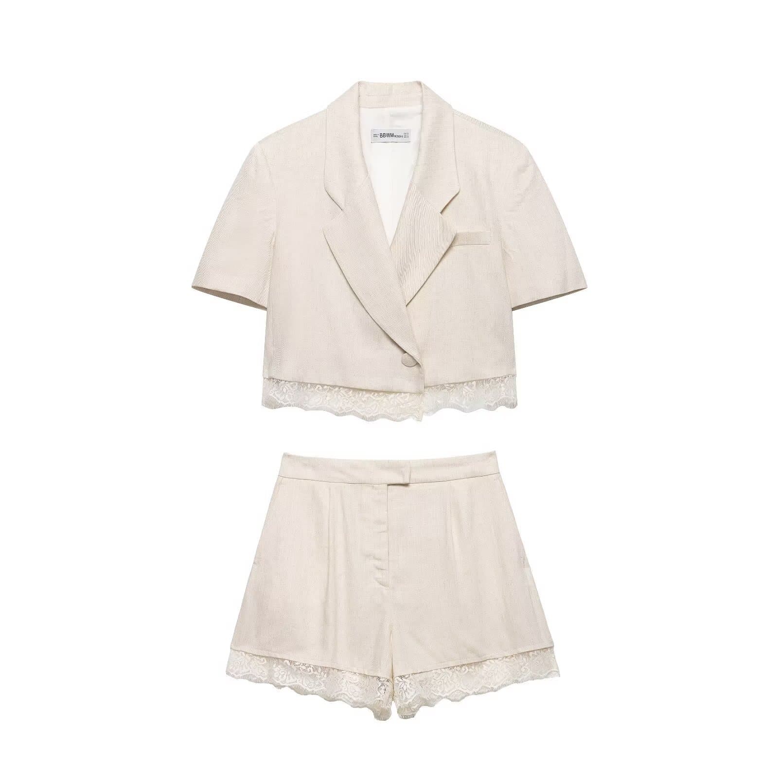 Womens Lace Pleated Casual Shorts Set