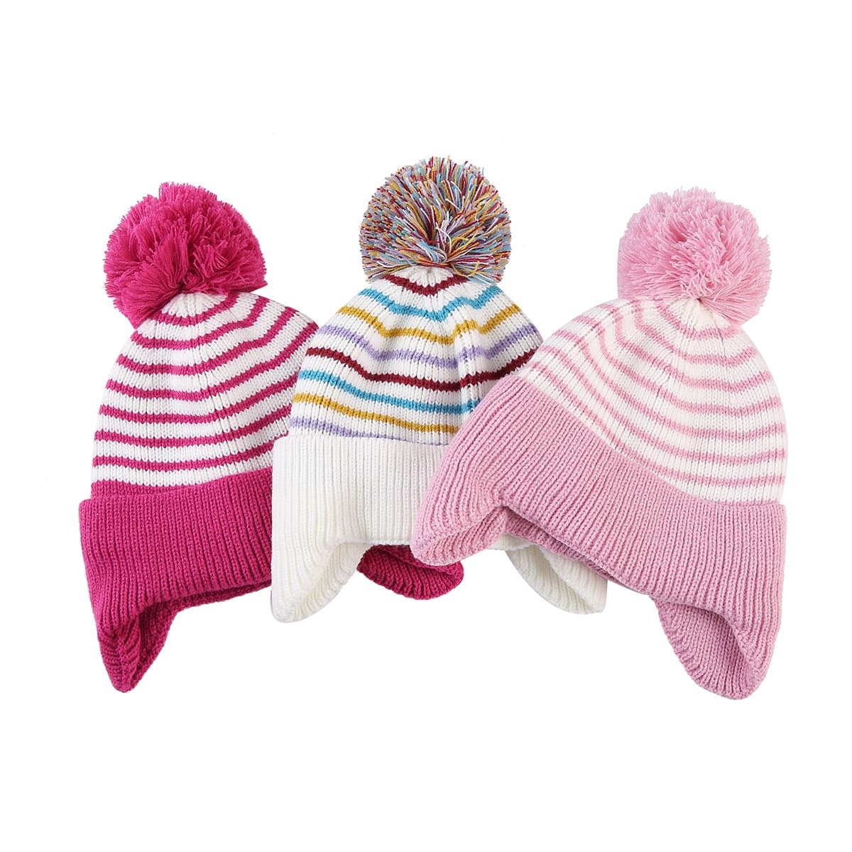 Childrens Knitted Fleece Lined Ear Protecting Warm Colorful Striped Wool Hat