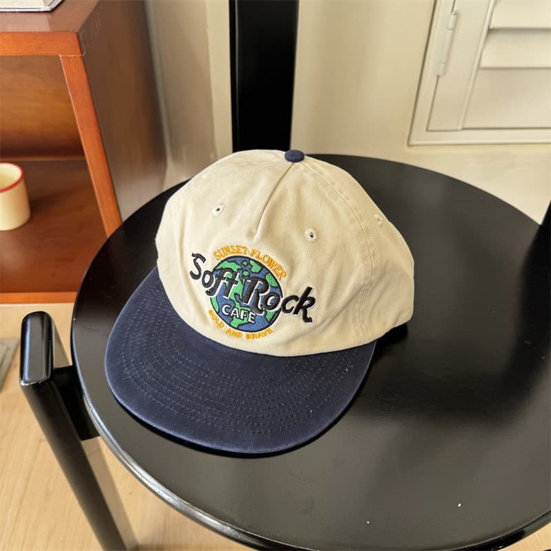 Retro Distressed Embroidery Color-block Flat-brim Baseball Cap