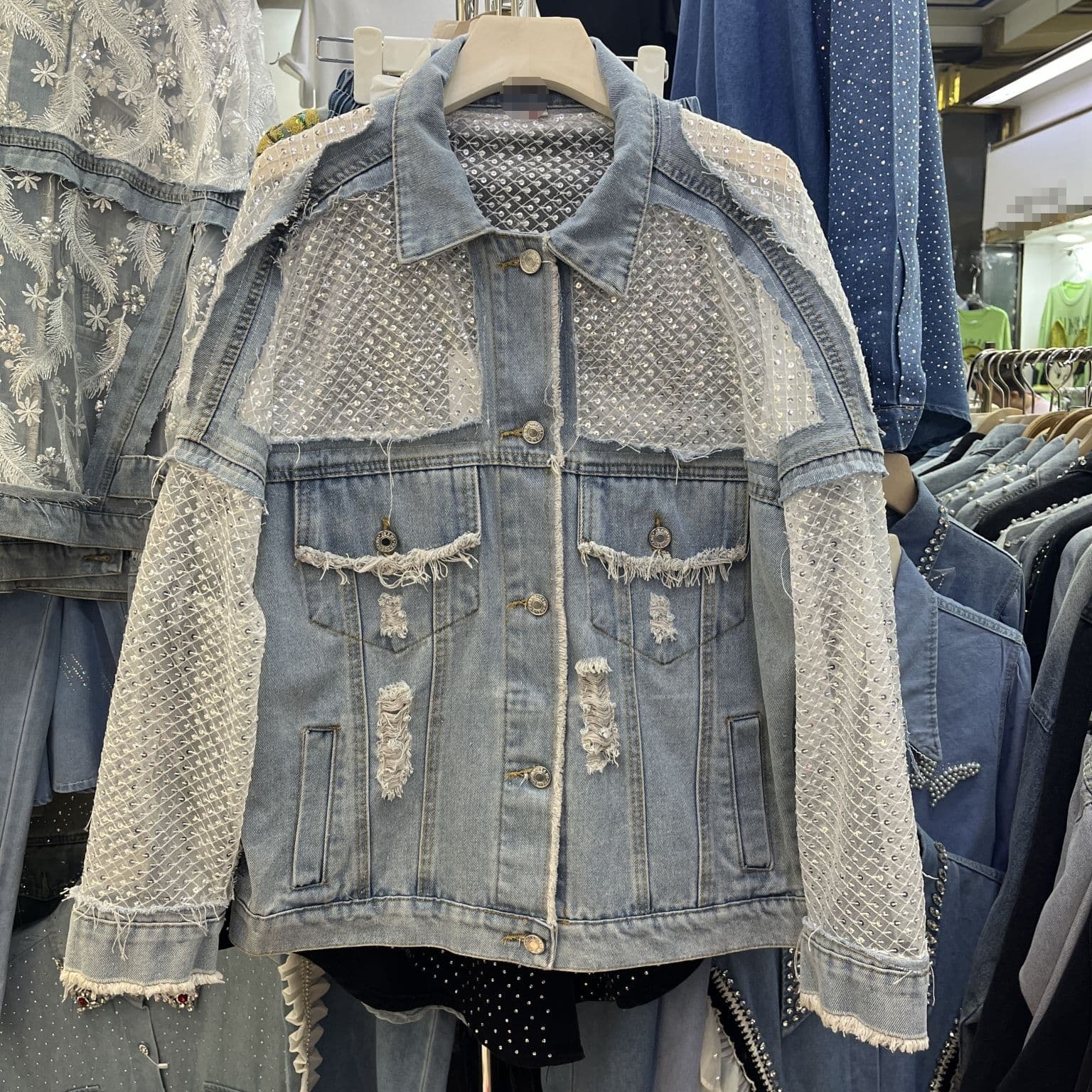 Womens Relaxed-fit Cropped Versatile Lace-panel Denim Jacket