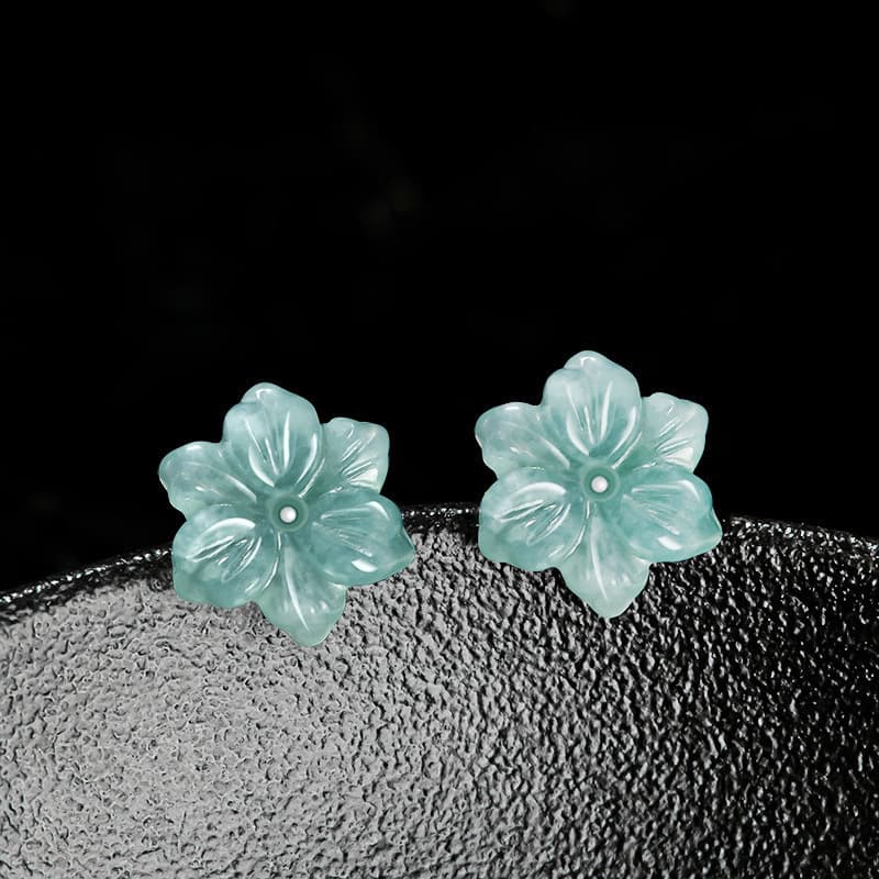 New Elegant Natural Jadeite Blue Water Orchid Earrings