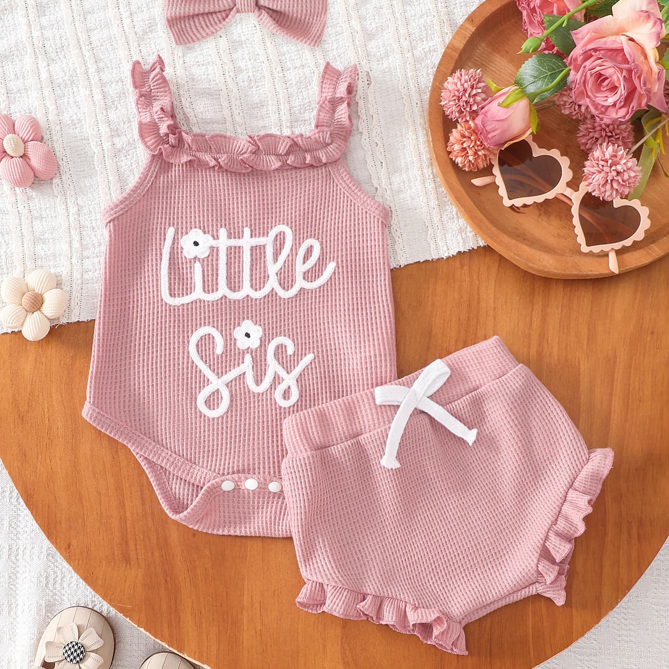 Ruffle Romper Shorts And Headbandthree-piece Set