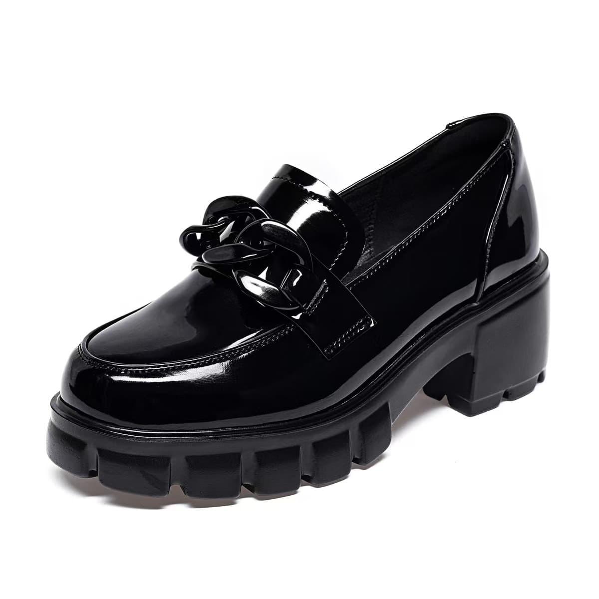 Genuine Leather Loafers for Women - Chunky Heel Platform Slip-On Shoes with Chain Detail British Style Casual Spring Autumn Footwear