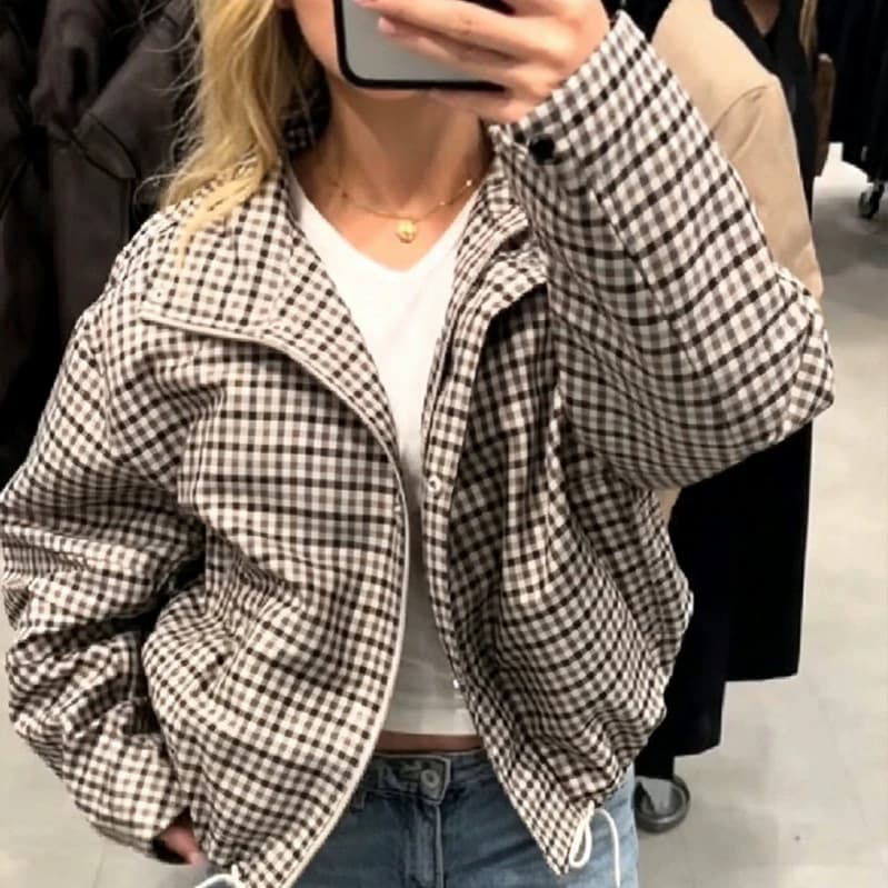 Retro Plaid Stand-Neck Loose Casual Plaid Coat Top