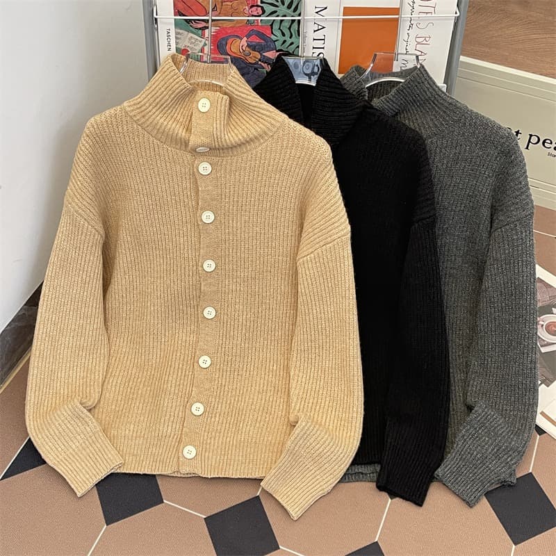 Mens High-Neck Sweater High-Street Style Thickened Loose-Fit Knitted Cardigan