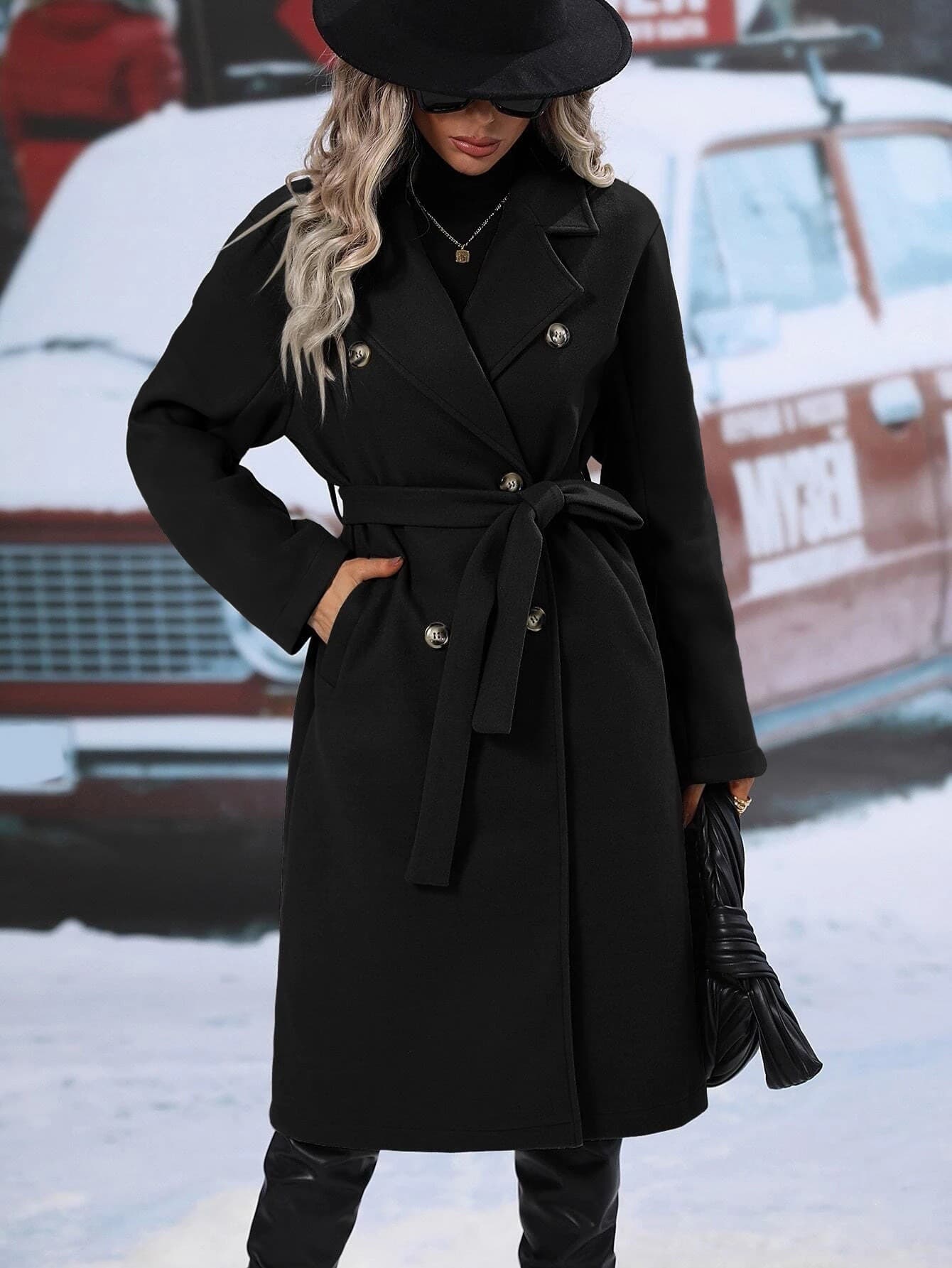 Solid-color Lapel Thickened Woolen Belted Double-breasted Coat