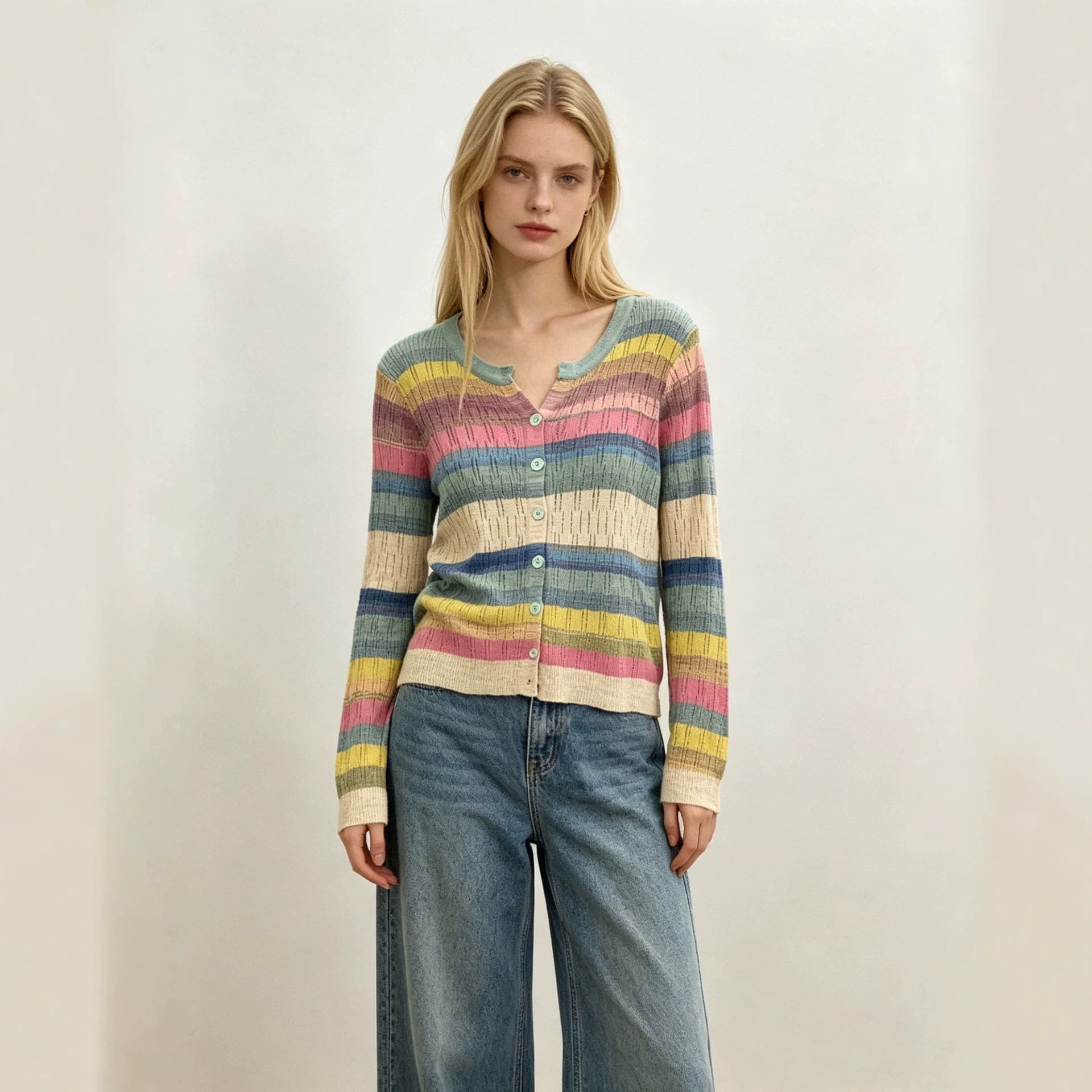 Womens Hollow-Out Color-Block Striped V-Neck Knitted Cardigan Top
