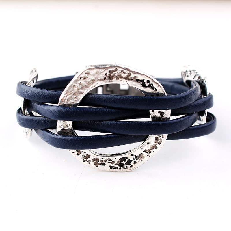 Retro Silver Ring Woven Handmade Leather Cord Bracelet