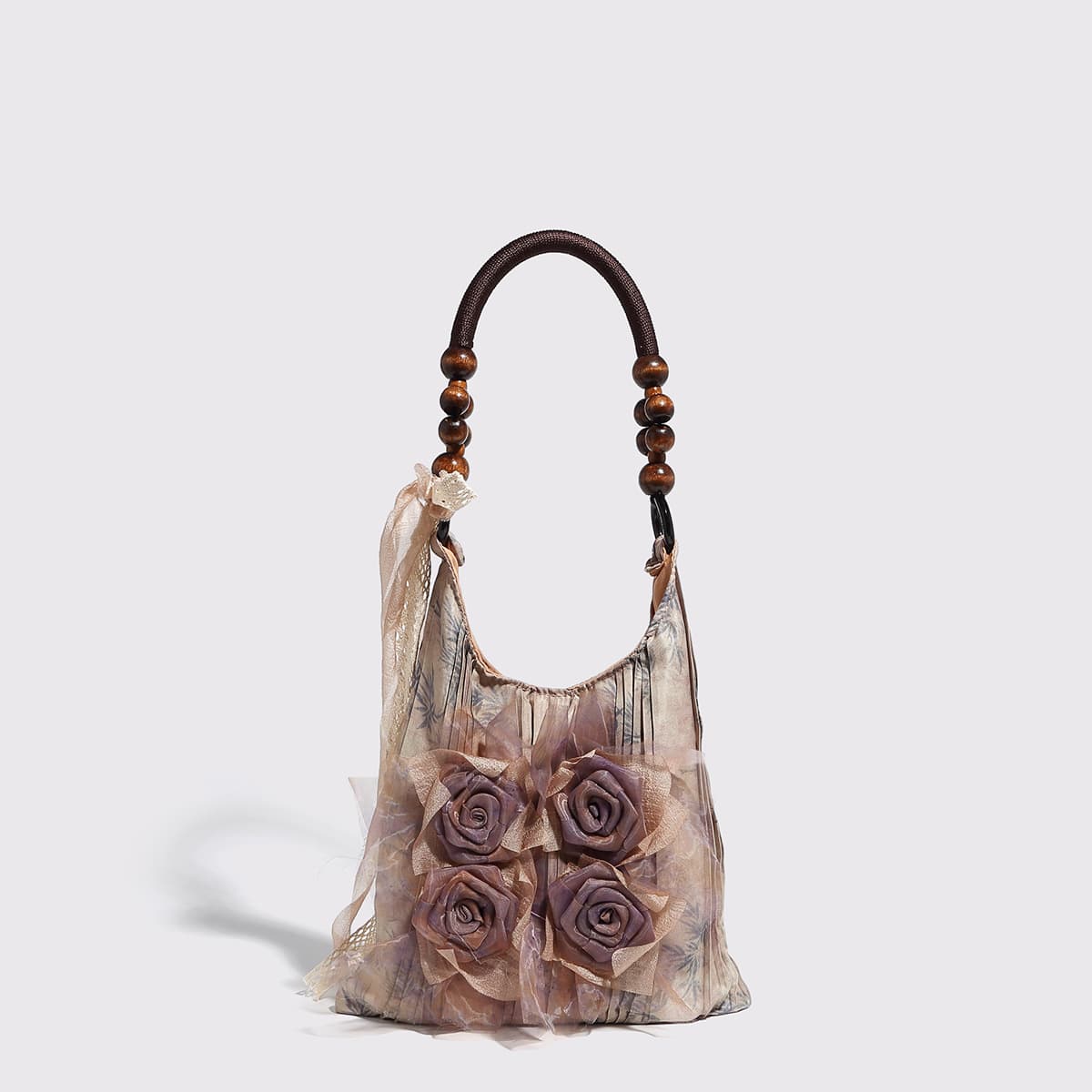 Woodblock-printed Rose-patterned Handbag
