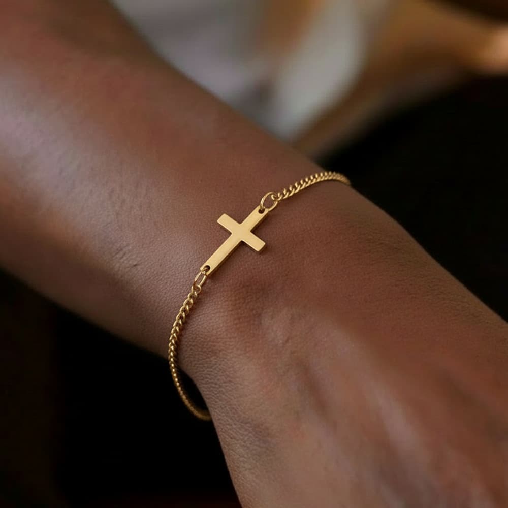 Stainless Steel 18K Gold Cross Pendant Bracelet