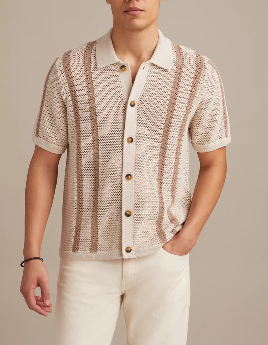 Casual Hollow-Knit Polo Shirt Men's Top Cardigan