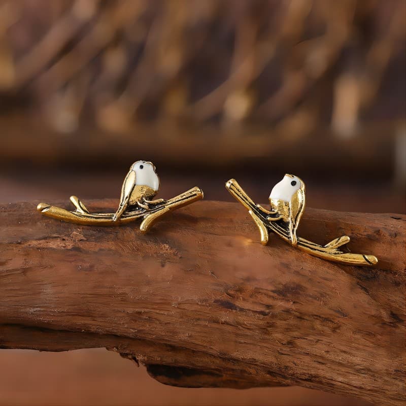 Retro Oil Dripping Bird Twig Earrings
