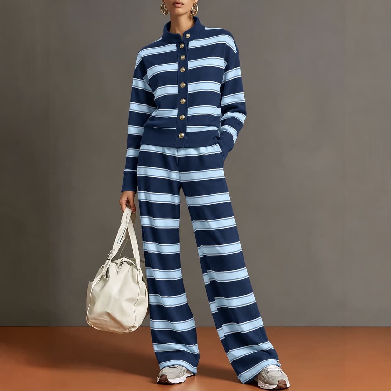 Women's Autumn Winter Striped Button Down Top And Wide Leg Pants Set - Casual Loose Fit Two Piece Outfit For Daily Wear