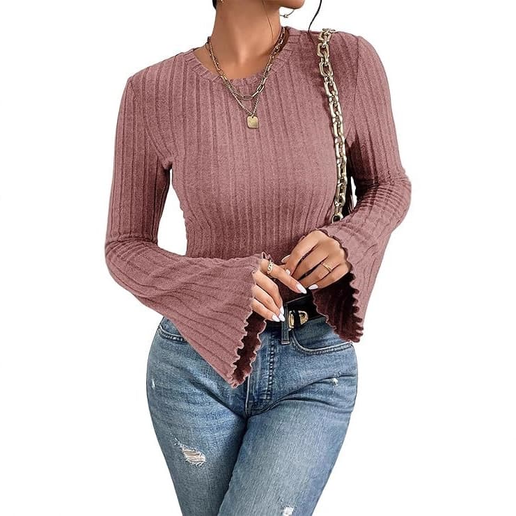 Ribbed, Brushed Crew-neck Long-sleeve Womens T-shirt