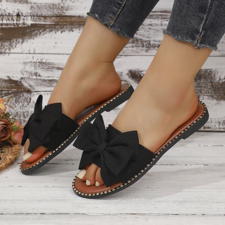 Foreign Trade Flat-Soled Rhinestone Bow Slide Sandals