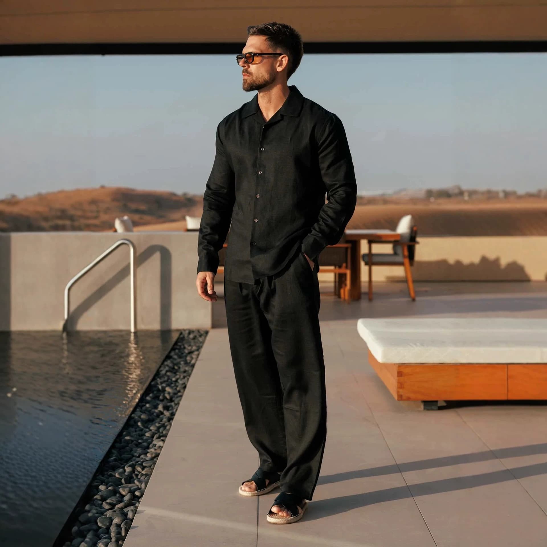 Cuban Collar Long Sleeve Shirt & Straight Pants Outfit