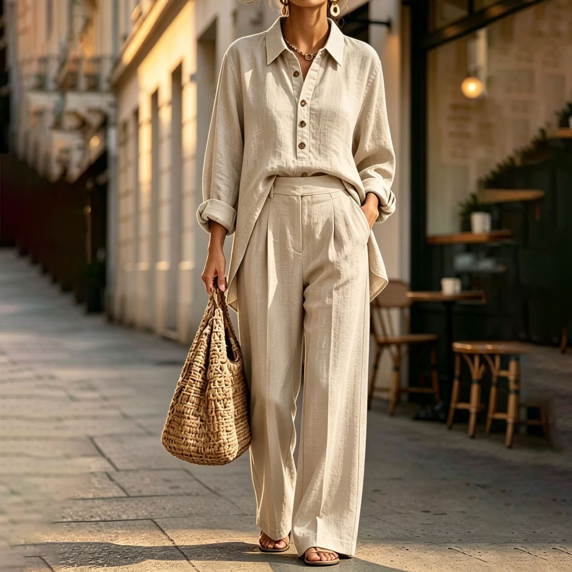 Women's Solid-color Lapel Long-sleeve Shirt And Wide-leg Pants Set
