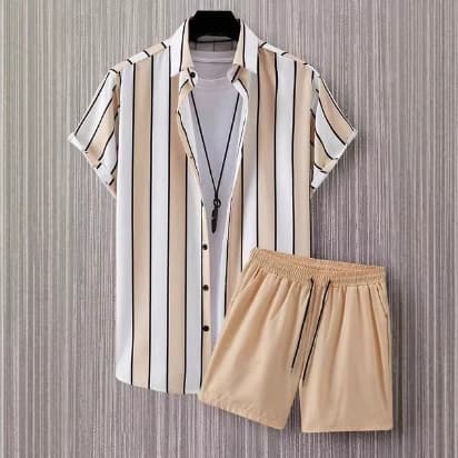 Simple And Stylish Striped Lapel Short-sleeve Shirt And Shorts Two-piece Set